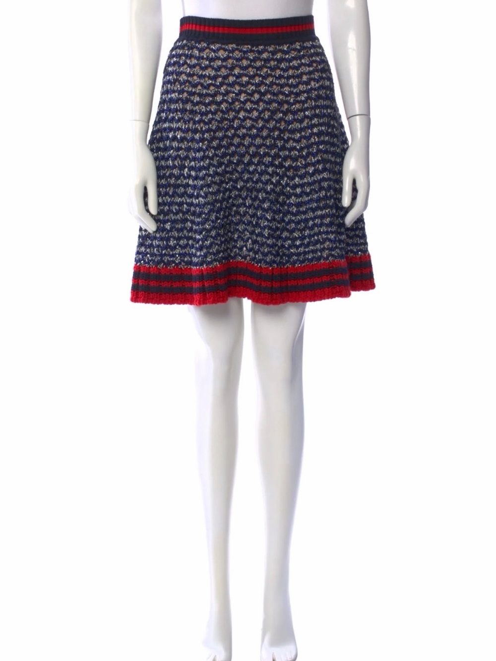 Gucci Navy and Red Tweed A-Line Knit Skirt